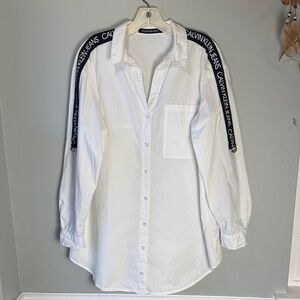 Calvin Klein Button Front White Shirt with Logo Stripes and adjustable sleeves